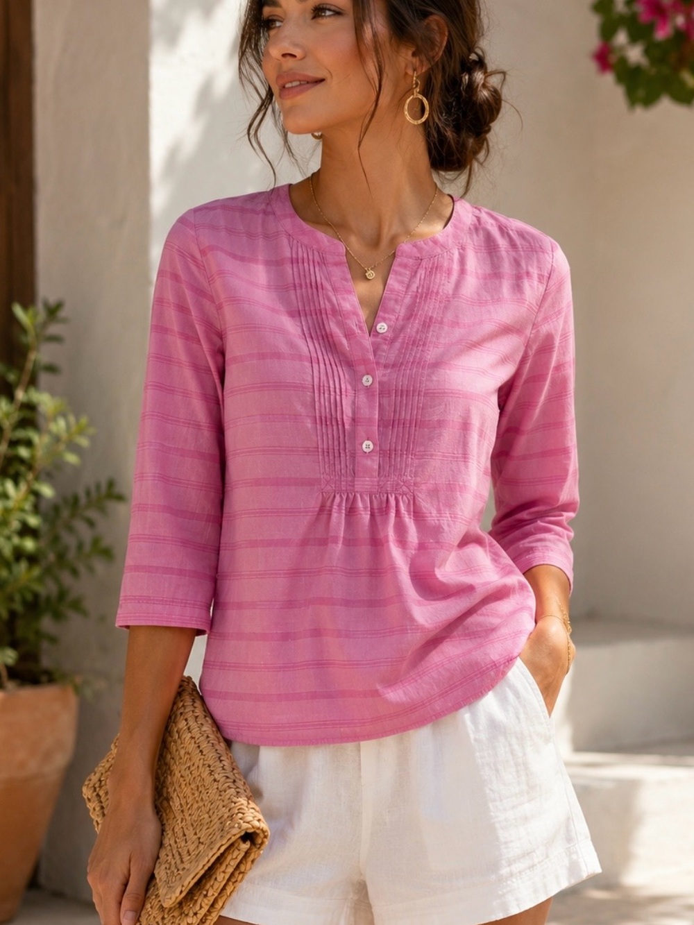 Talbots Pink Pintuck Split-Neck  Top